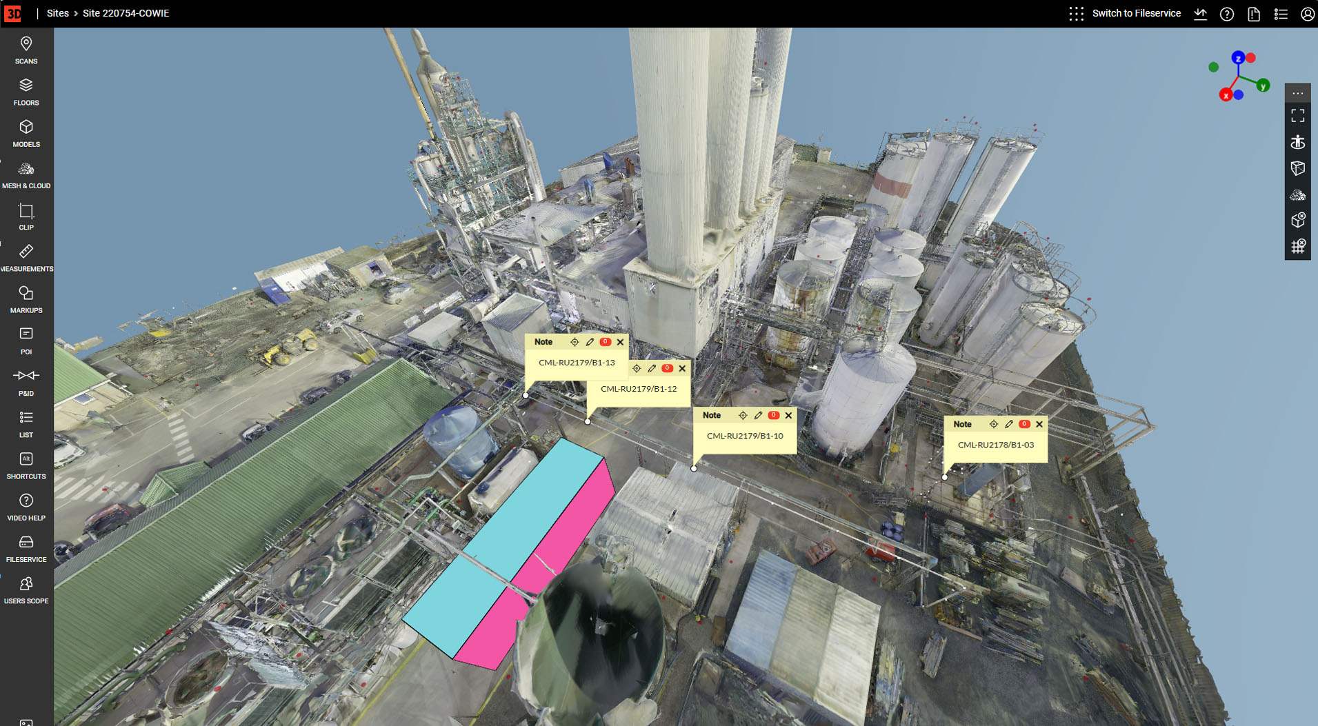WebPano mesh model viewer with CML markup notes on industrial plant site