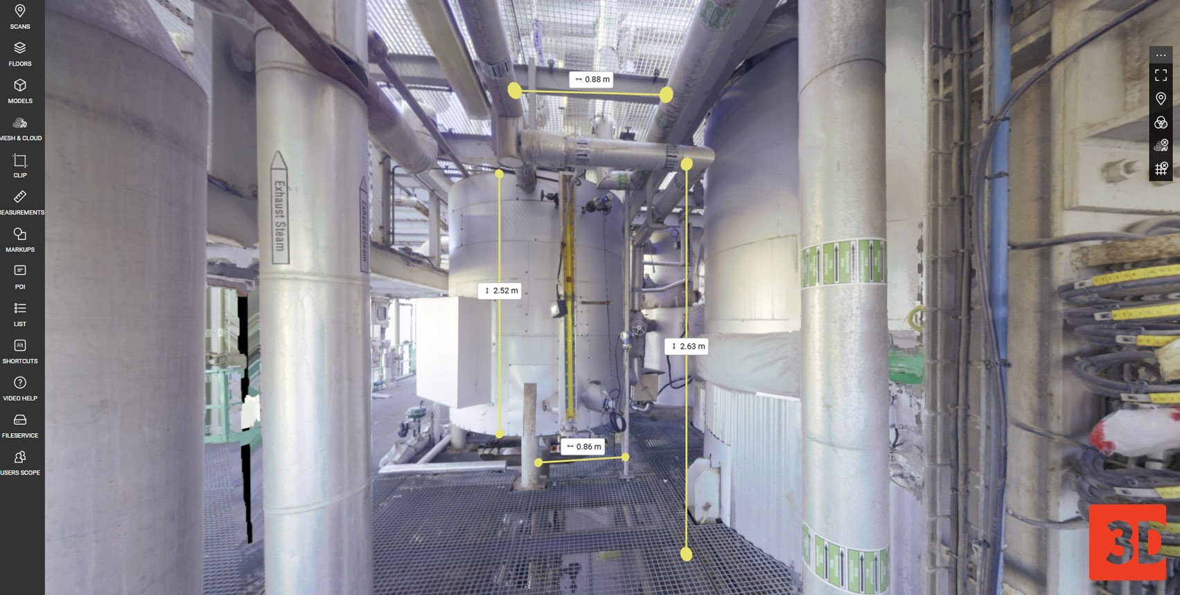 360° panoramic view in WebPano Visual Plant 360° panoramic view in WebPano Visual Plant derived from 3D laser scanning, allowing precise spatial measurements.