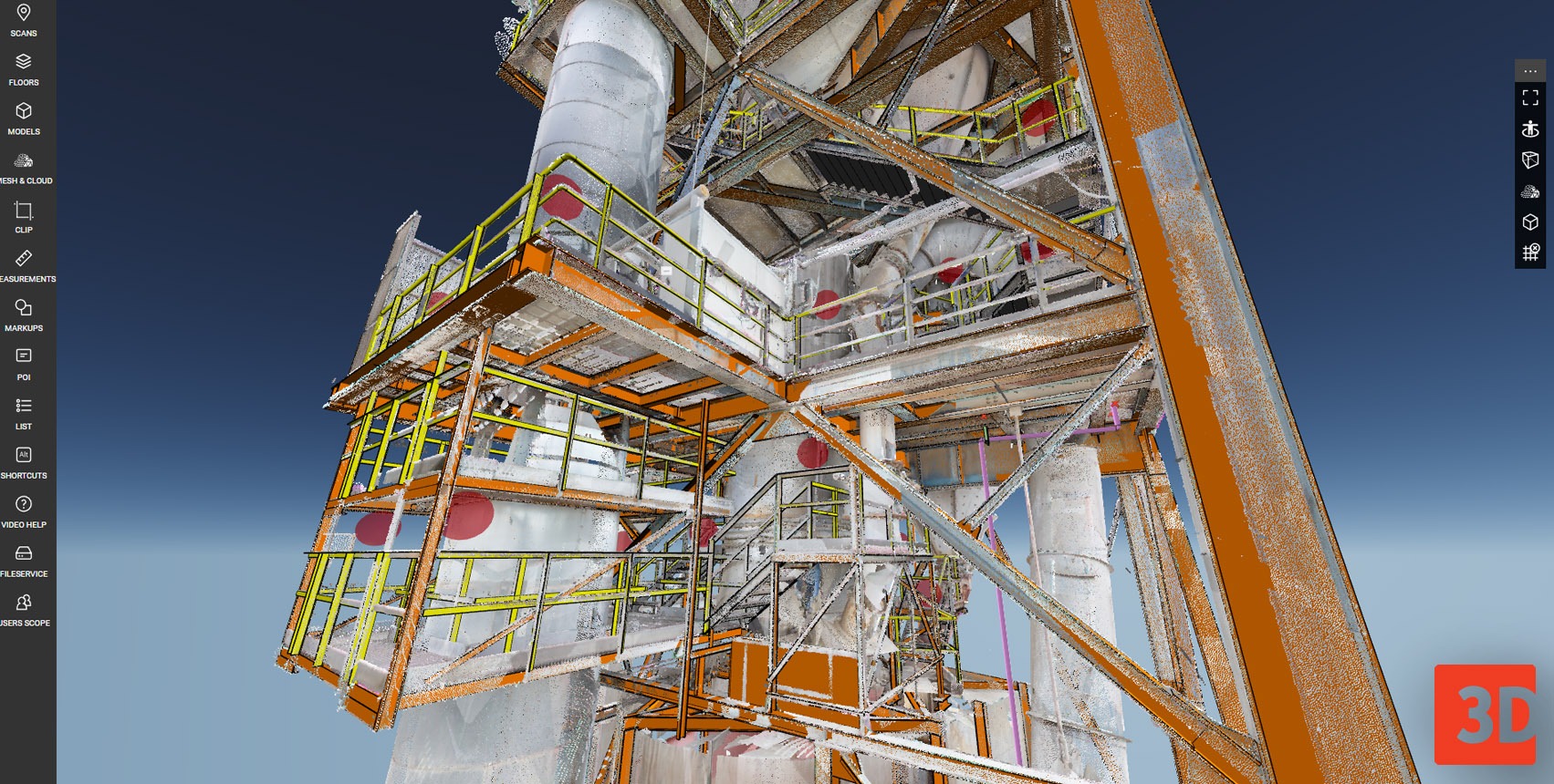 Point cloud view in WebPano Visual Plant with integrated 3D model of structural elements and safety barriers Point cloud view in WebPano Visual Plant with integrated 3D model of structural elements and safety barriers