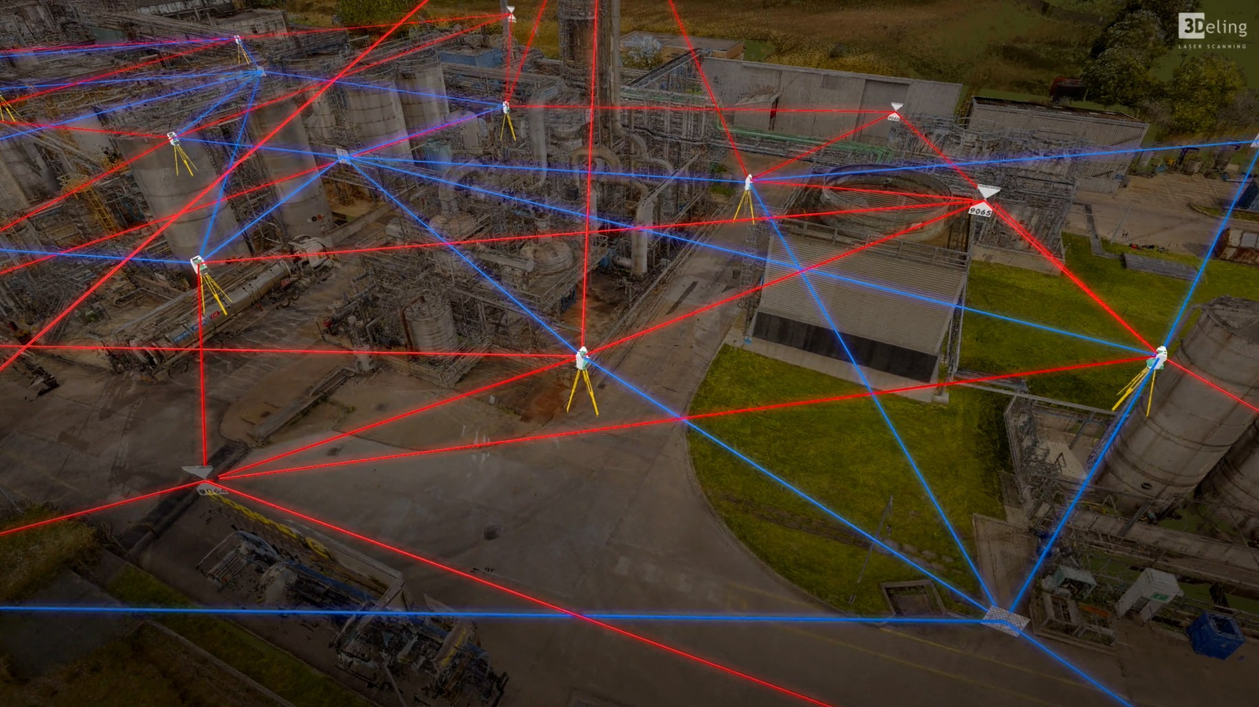 Osnowa geodezyjna i rozmieszczenie stanowisk skanowania laserowego 3D na terenie zakładu przemysłowego