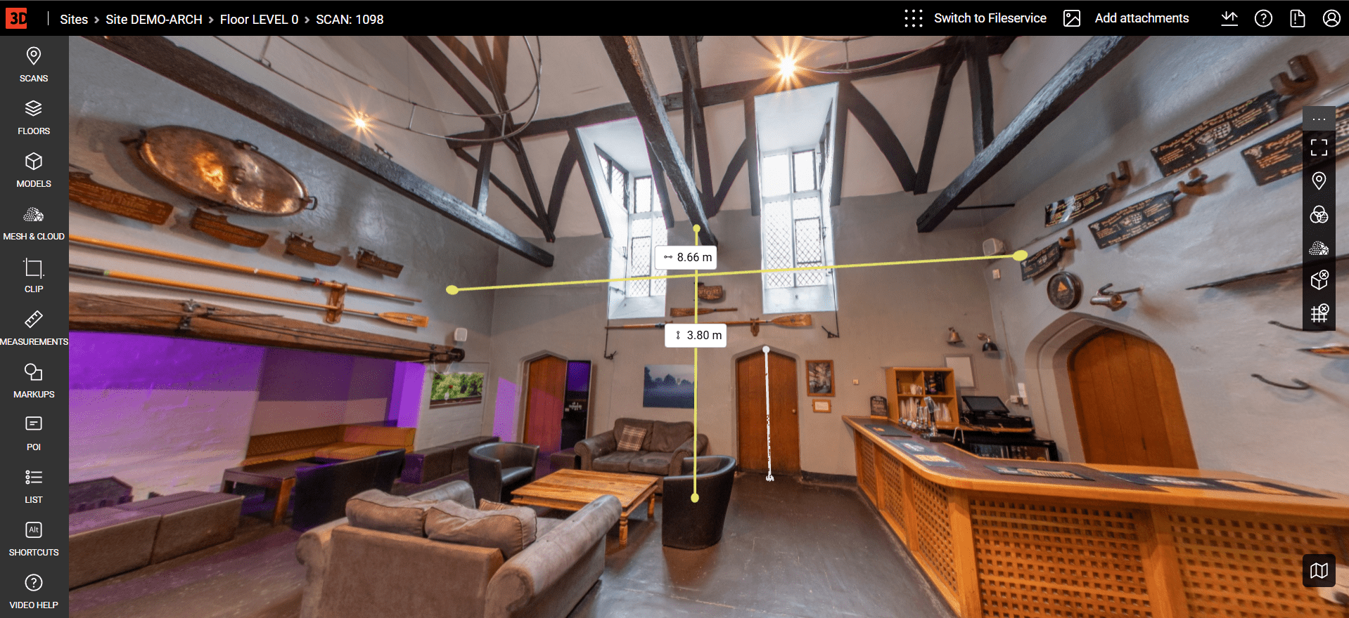 360-degree interior elevation panorama in Webpano’s browser-based software showing precise measurements for architectural coordination and millwork details.